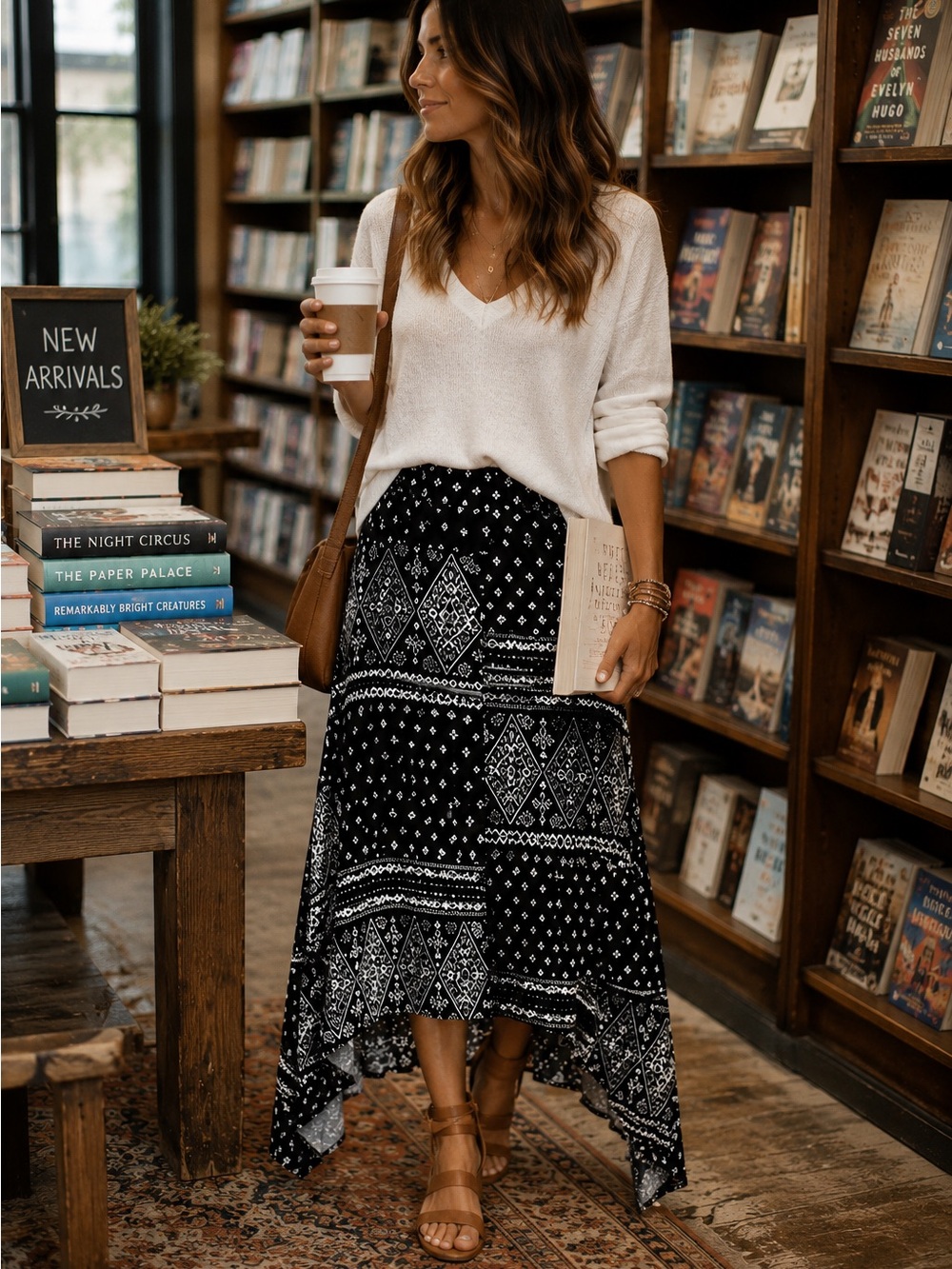 Maurices Black White Boho Maxi Skirt Women's Large Flowy Tiered Festival Cottage